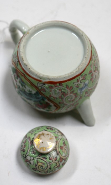 A Chinese miniature Canton famille rose teapot decorated with birds on a green ground, 7cms (2. - Image 5 of 5