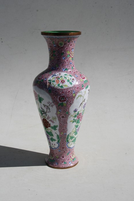 A Chinese Canton enamel vase decorated with birds and flowers on a pink ground, 39cms (15.25ins) - Image 6 of 8