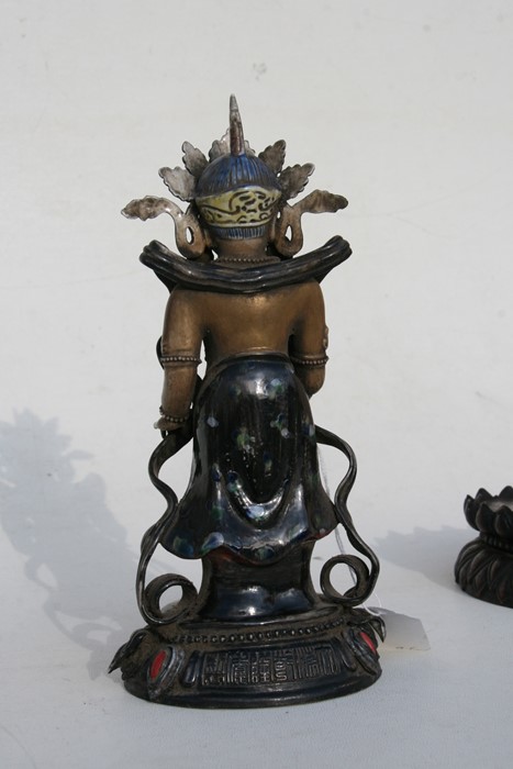 A Chinese glazed and gilded Buddhist deity figure on a hardwood lotus stand, 28cms (11ins) high. - Image 9 of 10