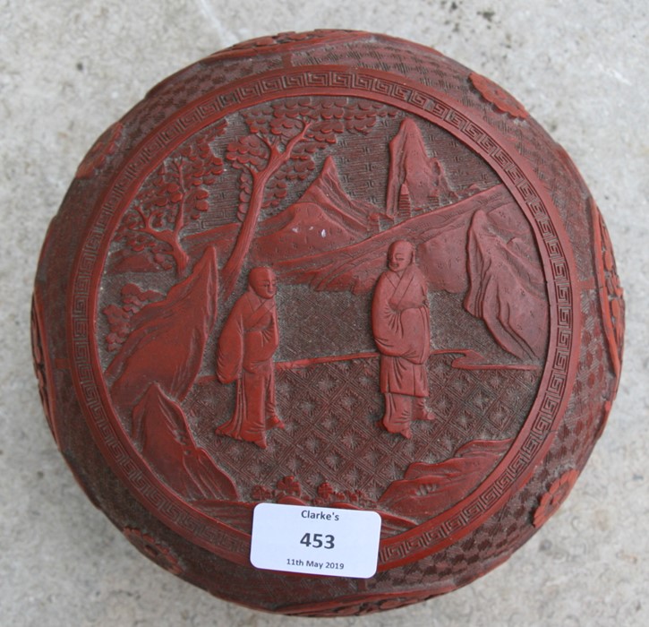 A Chinese cinnabar lacquer box & cover of compressed globular form, decorated with flowers and - Image 21 of 25