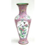 A Chinese Canton enamel vase decorated with birds and flowers on a pink ground, 39cms (15.25ins)
