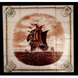 A group of sixteen Meissen tiles depicting a three-masted galleon in rough seas, with Heraldic