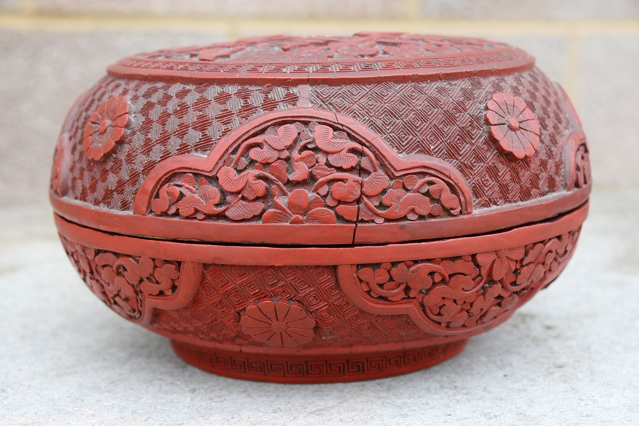 A Chinese cinnabar lacquer box & cover of compressed globular form, decorated with flowers and - Image 22 of 25