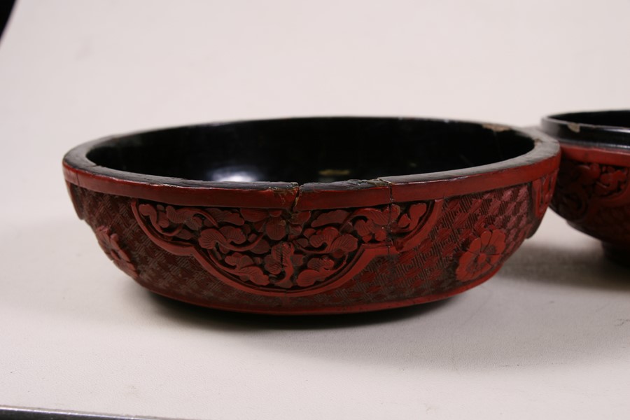 A Chinese cinnabar lacquer box & cover of compressed globular form, decorated with flowers and - Image 6 of 25