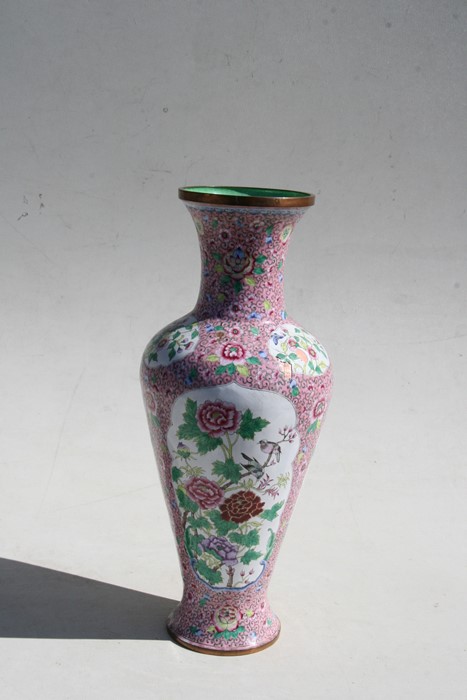 A Chinese Canton enamel vase decorated with birds and flowers on a pink ground, 39cms (15.25ins) - Image 5 of 8