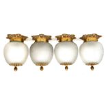 A set of four frosted glass and gilt metal ceiling lights of globular form, 24cms (9.5ins) high (
