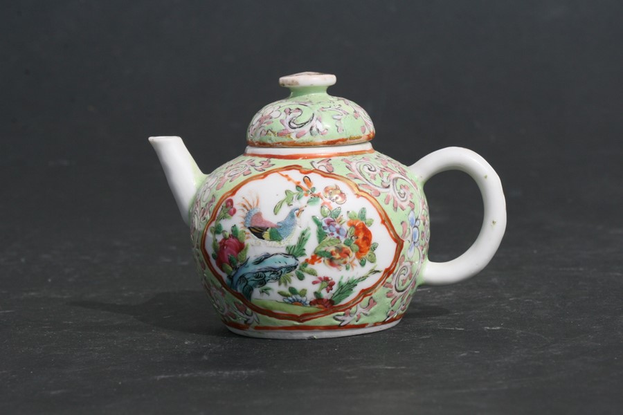A Chinese miniature Canton famille rose teapot decorated with birds on a green ground, 7cms (2. - Image 2 of 5