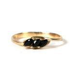 A 9ct gold three-stone sapphire ring, approx UK size 'M'.