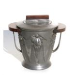 A French Rene Sitoleux Art Deco pewter biscuit barrel, 18cms (7ins) high.