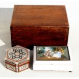 A crossbanded mahogany box, 27cms (10.5ins) wide; together with two other jewellery boxes (3).