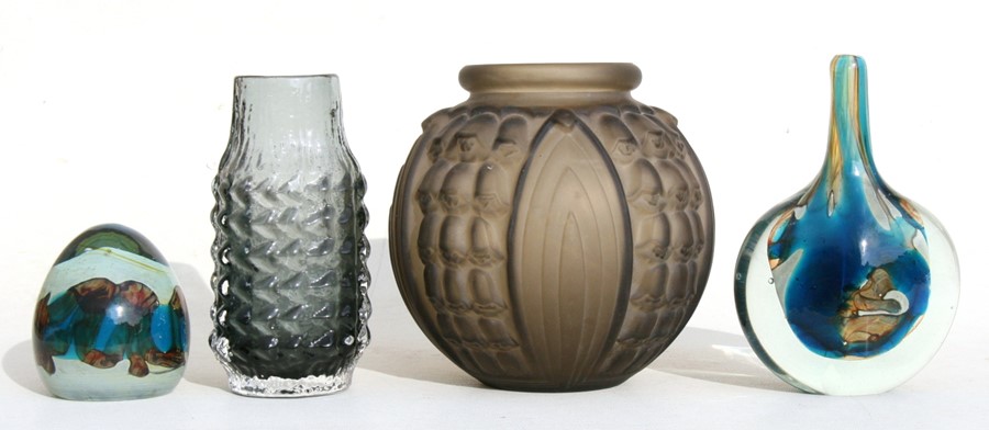 A Mdina axe head Art glass vase, 18cms (7ins) high; a Mdina paperweight, 9cm (3.5ins) high; a