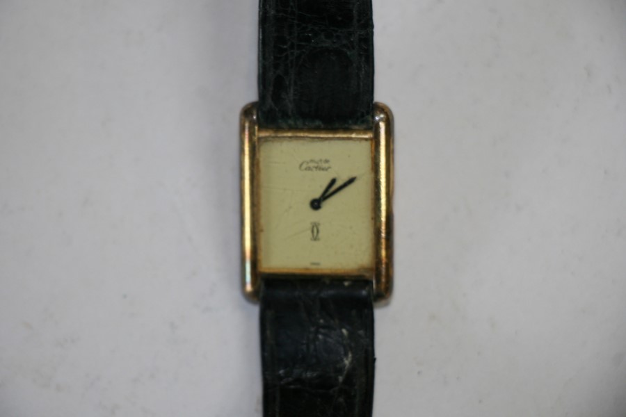 A 1980's Must de Cartier tank silver gilt wrist watch, numbered '095187', in original box. - Image 3 of 7