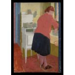 Modern British - Woman in the Kitchen - oil on canvas, unframed, 49 by 72cms (19.75 by 28.25ins).