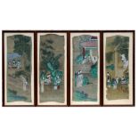 A set of four Chinese paintings on silk depicting figures in landscapes, framed & glazed, 24 by