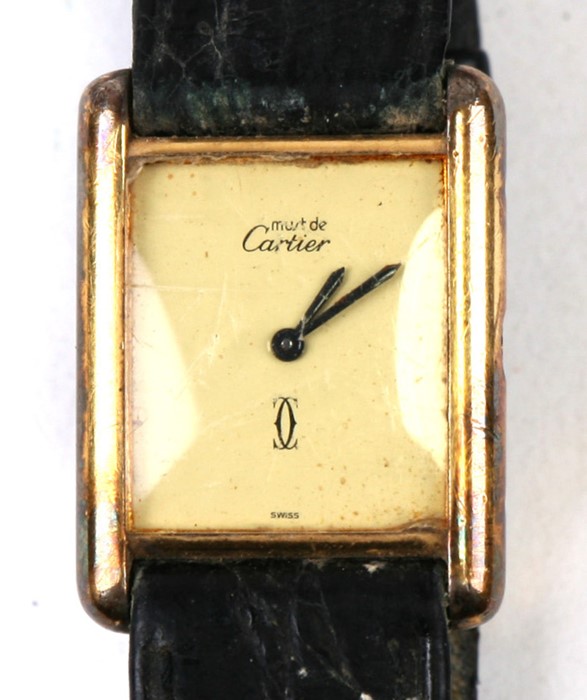 A 1980's Must de Cartier tank silver gilt wrist watch, numbered '095187', in original box. - Image 2 of 7