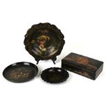 A chinoiserie lacquer box; together with two chinoiserie lacquer bowls and a Victorian papier