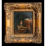 Victorian school - Young Girl Seated Beside a Baby in a Crib - oil on canvas, framed, 21 by 26cms (