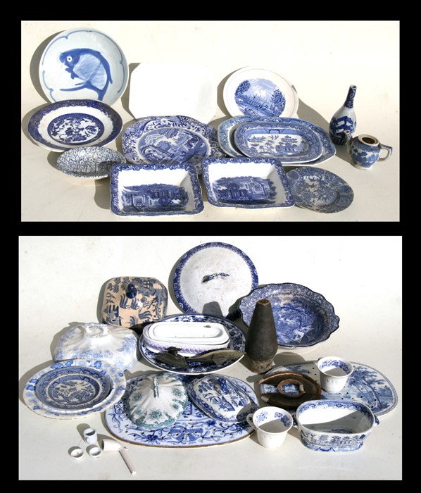 A quantity of transfer printed blue & white china; together with a pair of alabaster table lamps and