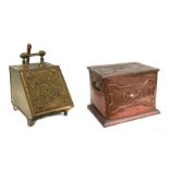 An Arts & Crafts copper log box, 46cms (18ins) wide; together with a Victorian brass coal scuttle (