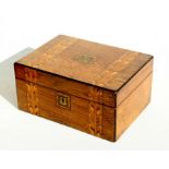 A Victorian walnut Tunbridgeware sewing box, 27cms (10.6ins) wide.