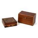 An early 19th century mahogany two division tea caddy 19cm (7.5 ins) wide together with an Italian