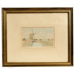 Dutch school - Windmill by a River - watercolour, framed & glazed, 13 by 8cms (5.1 by 3.1ins).