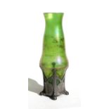 An Art Nouveau pewter mounted Loetz style iridescent glass vase, 28cms (11ins) high.