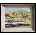 W A Thuillier - View of Fishing Boats at Nerja, Spain - initialled lower right, oil on board,