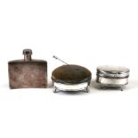 A Victorian silver hip flask; London 1885, 8.5cms (3.75ins); together with a silver oval trinket