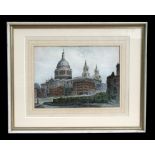 British school - St Paul's During WWII - pen and ink, framed & glazed, 33 by 24cms (13 by 9.5ins).