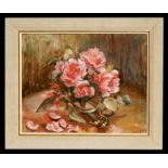 Barbara Ashman (modern British) - Still Life of Roses - oil on board, framed 49 by 39cms (19.25 by