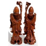 A pair of Chinese hardwood figures depicting Shoulau, 19cms (7.5ins) high.