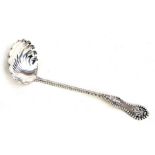 A sterling silver soup ladle with shell shaped bowl, marked 'Merrick, Walsh & Phelps of St Louis',