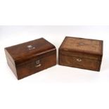 A Victorian burr walnut sewing box; together with a similar with Tunbridgeware style inlay, 30cms (