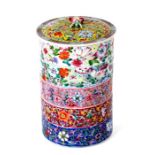 A Chinese famille rose five-tier stacking bowls and cover of cylindrical form, with peach finial and