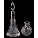 A silver and enamel topped globular etched scent bottle; together with a cut glass silver mounted