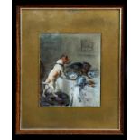 Kate Sowerby (Active 1883-1900) - Jack Russell and a Tabby Cat Fighting on a Table - signed and