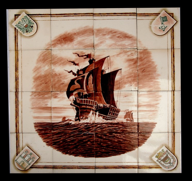 A group of sixteen Meissen tiles depicting a three-masted galleon in rough seas, with Heraldic