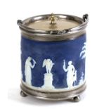 A Wedgwood Jasperware biscuit barrel decorated with classical figures, with silver plated mounts,