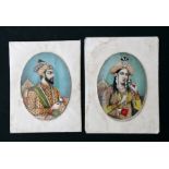 A pair of 19th century Indian portrait miniature paintings depicting Shah Jahan and Mumtaz Mahal,