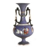 A continental porcelain two-handled vase decorated with classical figures on a purple ground,