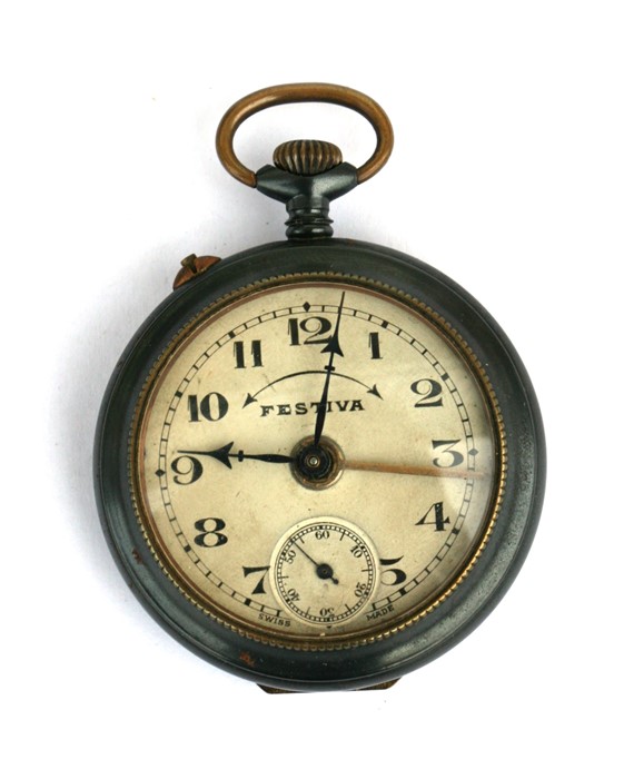 A Festiva gun metal cased open faced pocket alarm watch in original box.