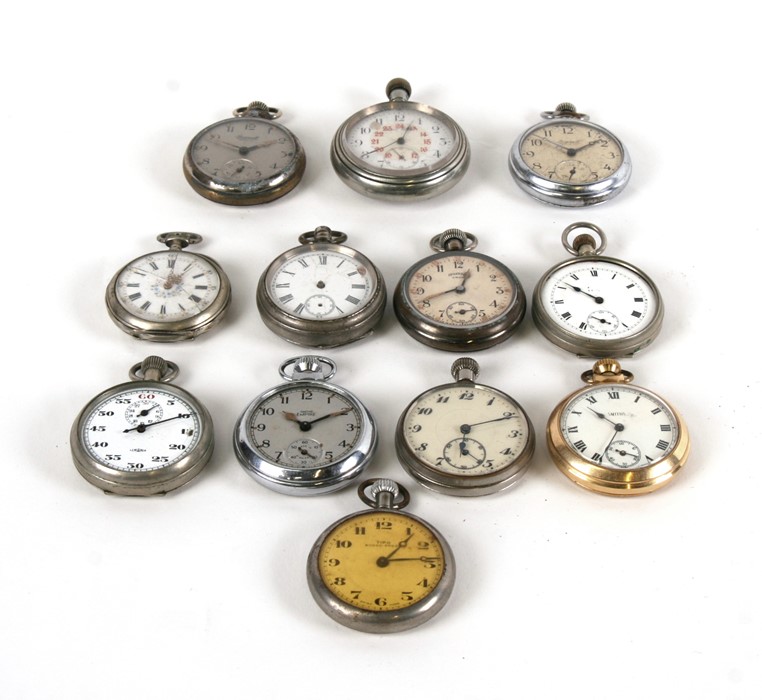 A group of twelve open faced pocket watches including Smith's, Tipo, Ingersol and Smith's Empire.