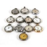 A group of twelve open faced pocket watches including Smith's, Tipo, Ingersol and Smith's Empire.