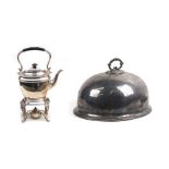 A silver plated picnic kettle on stand, 37cms (14.5ins) high; together with a silver plated meat