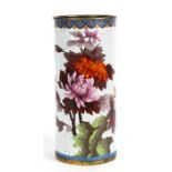 A Chinese cloisonne cylinder vase decorated with birds and flowers on a white ground, 29cms 911.