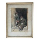 W H Comm (20th century Irish school) - Old Tramp Sat on a Door Step with a Young Girl - watercolour,