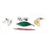 Two Norwegian sterling silver David Andersen enamel leaf brooches; together with a matching pair