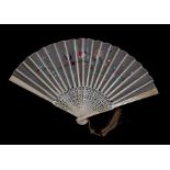A 19th century Chinese silk embroidered fan with pieced bone sticks and guards, 25.5cms (10ins)