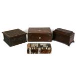 A Victorian rosewood sewing box; together with a Georgian mahogany tea caddy; a carved oak box and